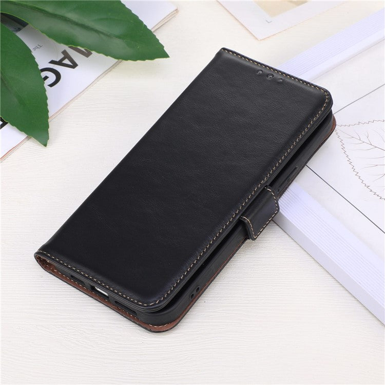 For Google Pixel 7a Phone Case RFID Blocking Genuine Cowhide Leather Phone Cover with Stand Wallet - Black