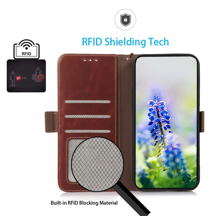 For Google Pixel 7a Phone Case RFID Blocking Genuine Cowhide Leather Phone Cover with Stand Wallet - Brown