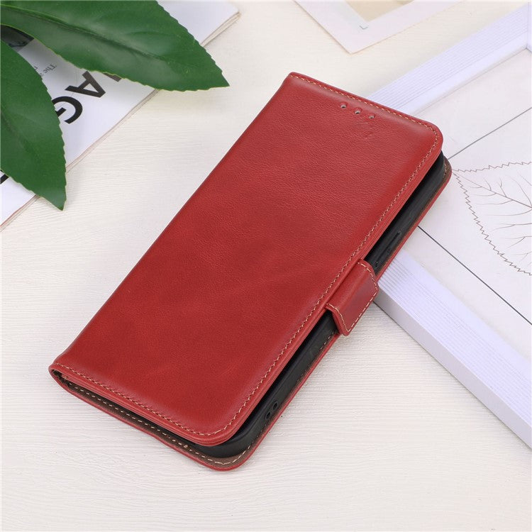 For Google Pixel 7a Phone Case RFID Blocking Genuine Cowhide Leather Phone Cover with Stand Wallet - Red