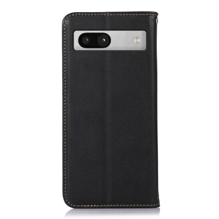 KHAZNEH for Google Pixel 7a Genuine Cowhide Leather Phone Cover Stand Wallet Phone Case with RFID Blocking - Black