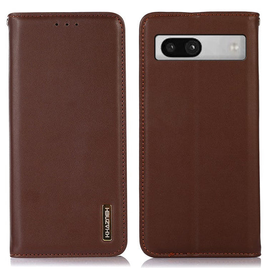 KHAZNEH for Google Pixel 7a Genuine Cowhide Leather Phone Cover Stand Wallet Phone Case with RFID Blocking - Brown