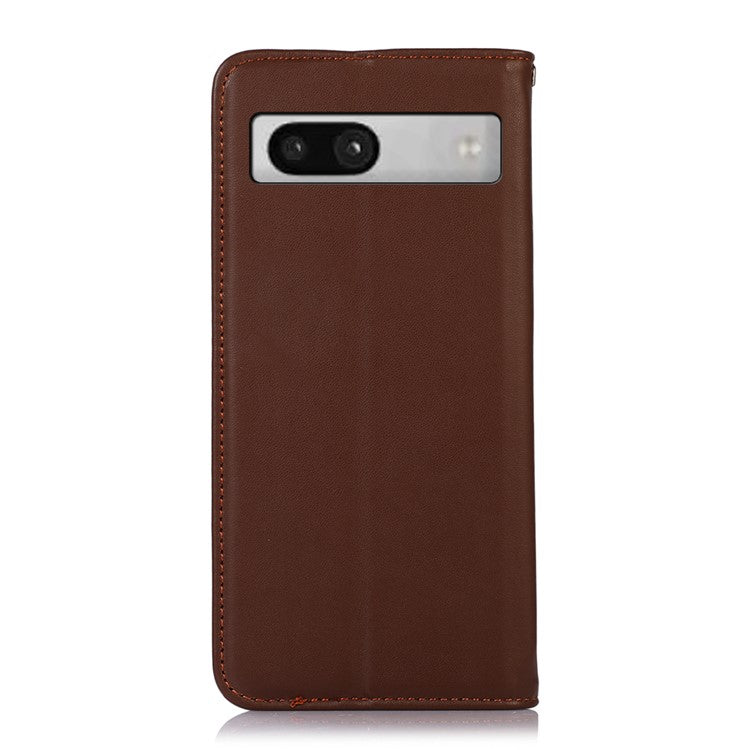 KHAZNEH for Google Pixel 7a Genuine Cowhide Leather Phone Cover Stand Wallet Phone Case with RFID Blocking - Brown