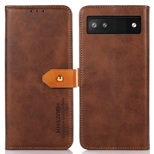 KHAZNEH For Google Pixel 7a Gold Button Magnetic Leather Wallet Cover Stand Cowhide Texture Phone Case - Brown
