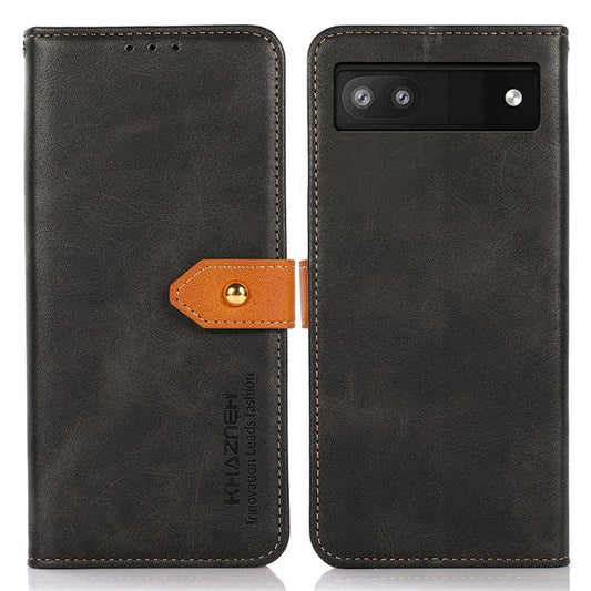 KHAZNEH For Google Pixel 7a Gold Button Magnetic Leather Wallet Cover Stand Cowhide Texture Phone Case - Black