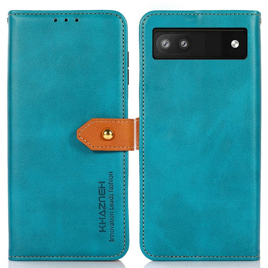 KHAZNEH For Google Pixel 7a Gold Button Magnetic Leather Wallet Cover Stand Cowhide Texture Phone Case - Blue