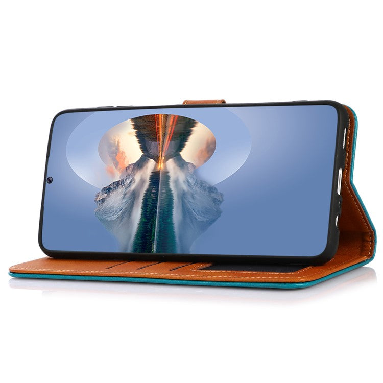 KHAZNEH For Google Pixel 7a Gold Button Magnetic Leather Wallet Cover Stand Cowhide Texture Phone Case - Blue
