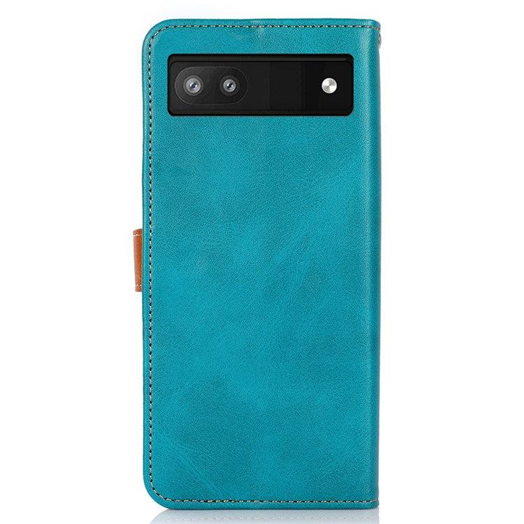 KHAZNEH For Google Pixel 7a Gold Button Magnetic Leather Wallet Cover Stand Cowhide Texture Phone Case - Blue