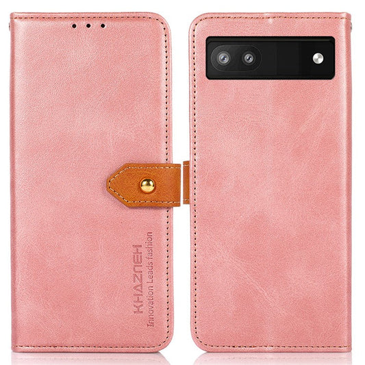 KHAZNEH For Google Pixel 7a Gold Button Magnetic Leather Wallet Cover Stand Cowhide Texture Phone Case - Rose Gold