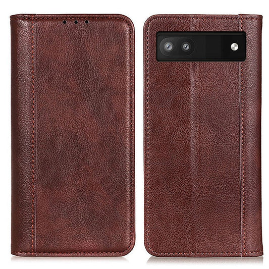 For Google Pixel 7a Split Leather Phone Case Litchi Texture Wallet Stand Flip Protective Cover - Brown