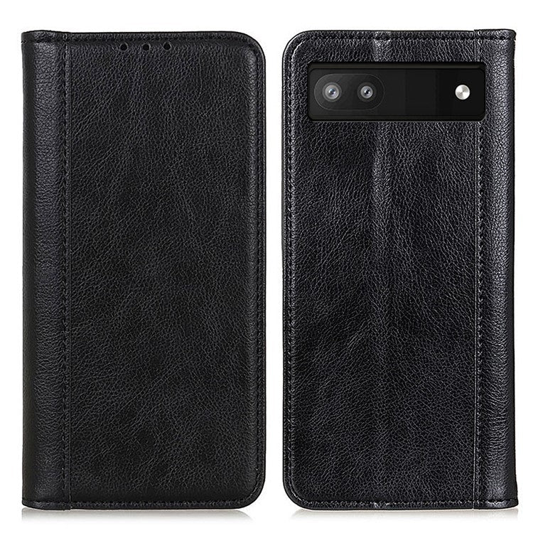 For Google Pixel 7a Split Leather Phone Case Litchi Texture Wallet Stand Flip Protective Cover - Black