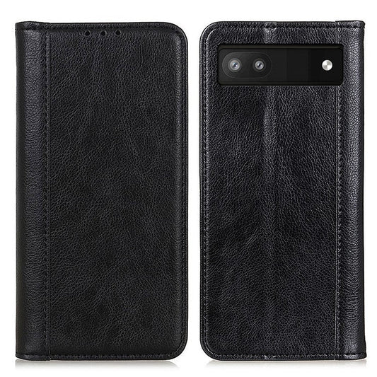 For Google Pixel 7a Split Leather Phone Case Litchi Texture Wallet Stand Flip Protective Cover - Black