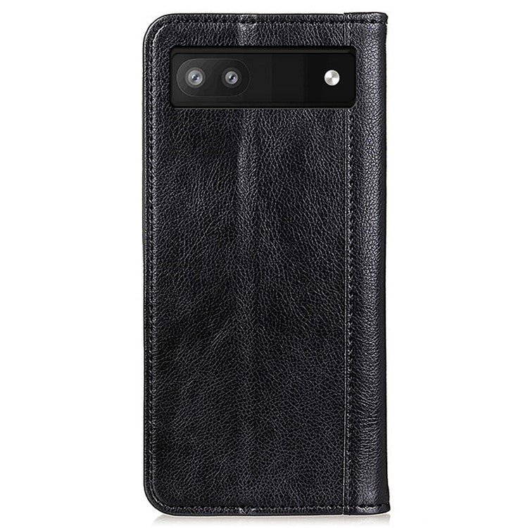 For Google Pixel 7a Split Leather Phone Case Litchi Texture Wallet Stand Flip Protective Cover - Black