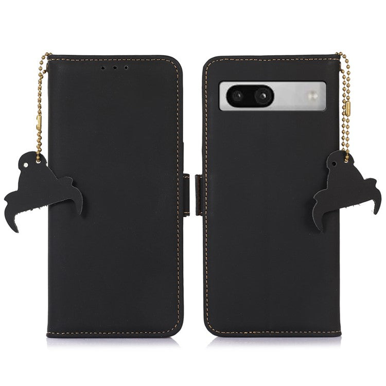 For Google Pixel 7a RFID Blocking Phone Cover Genuine Cow Leather Case with Stand Wallet - Black