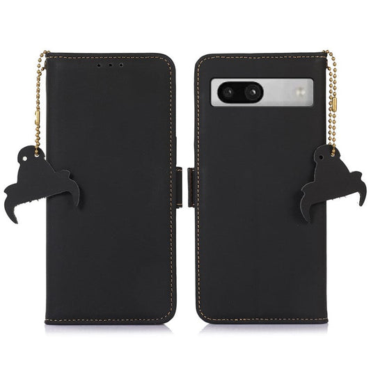 For Google Pixel 7a RFID Blocking Phone Cover Genuine Cow Leather Case with Stand Wallet - Black