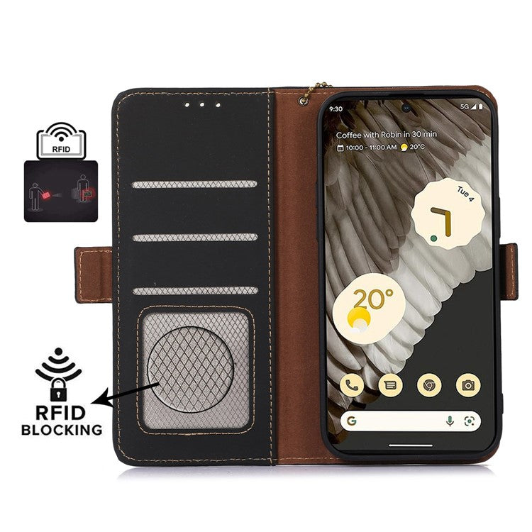 For Google Pixel 7a RFID Blocking Phone Cover Genuine Cow Leather Case with Stand Wallet - Black