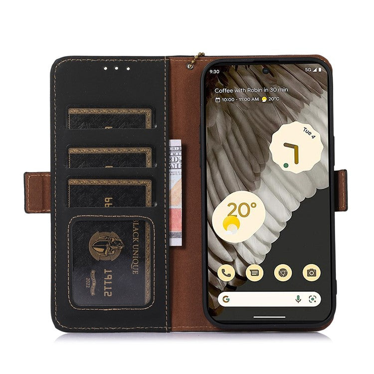 For Google Pixel 7a RFID Blocking Phone Cover Genuine Cow Leather Case with Stand Wallet - Black
