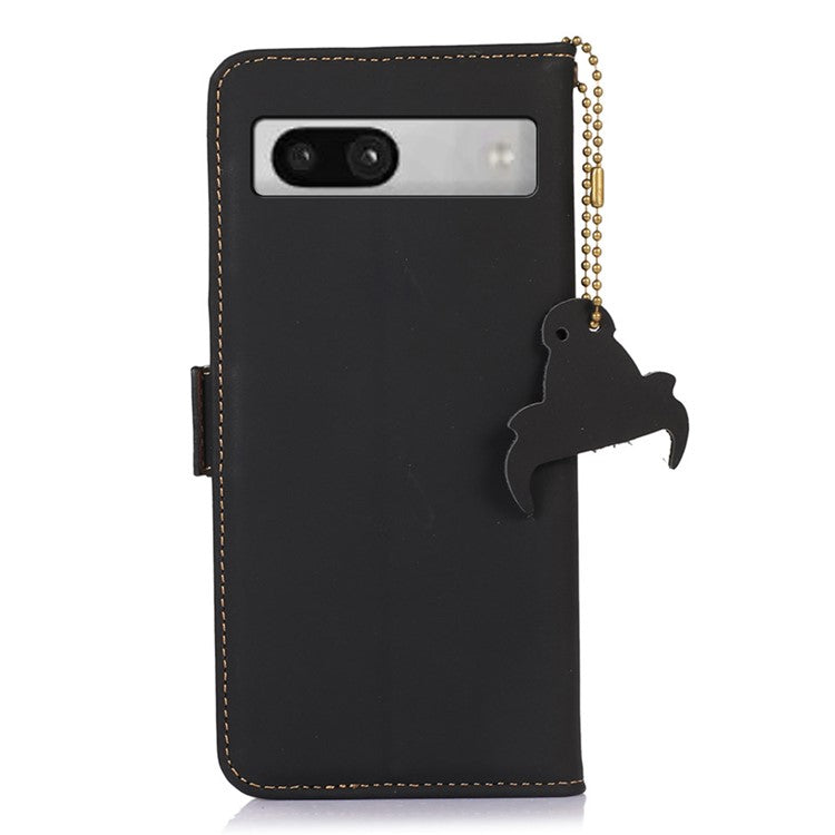 For Google Pixel 7a RFID Blocking Phone Cover Genuine Cow Leather Case with Stand Wallet - Black