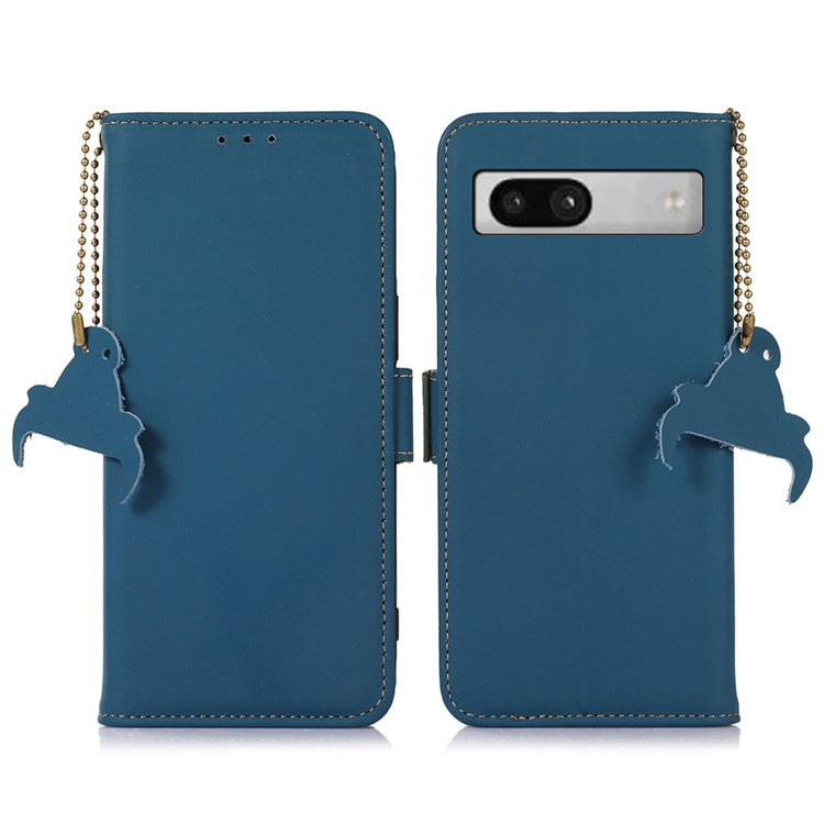 For Google Pixel 7a RFID Blocking Phone Cover Genuine Cow Leather Case with Stand Wallet - Blue