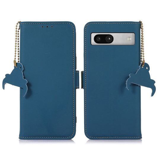 For Google Pixel 7a RFID Blocking Phone Cover Genuine Cow Leather Case with Stand Wallet - Blue