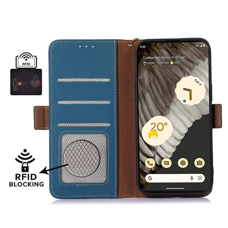 For Google Pixel 7a RFID Blocking Phone Cover Genuine Cow Leather Case with Stand Wallet - Blue