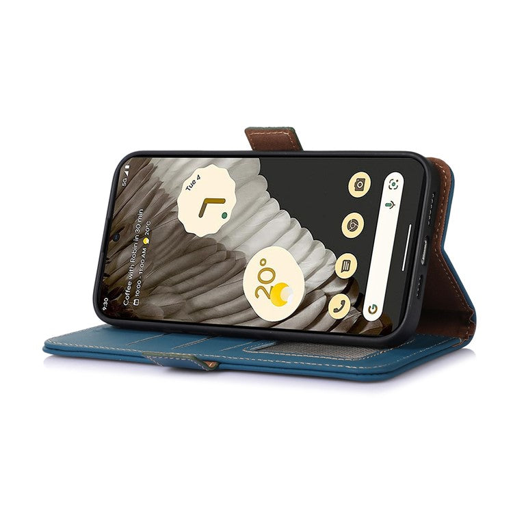 For Google Pixel 7a RFID Blocking Phone Cover Genuine Cow Leather Case with Stand Wallet - Blue