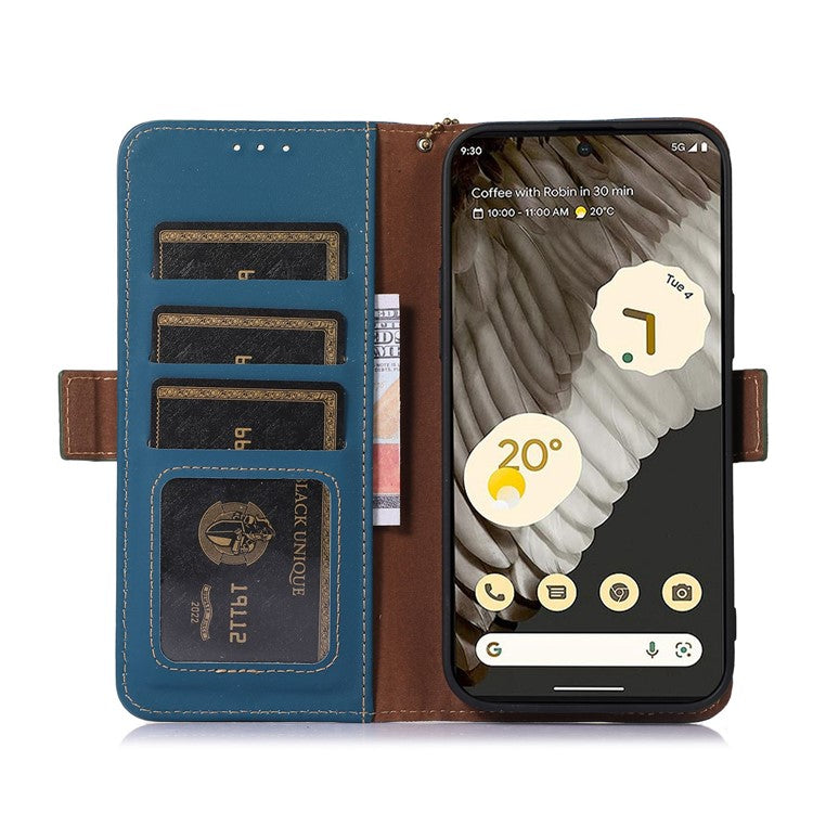 For Google Pixel 7a RFID Blocking Phone Cover Genuine Cow Leather Case with Stand Wallet - Blue