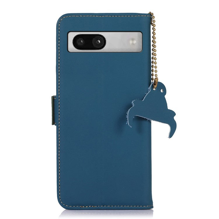 For Google Pixel 7a RFID Blocking Phone Cover Genuine Cow Leather Case with Stand Wallet - Blue