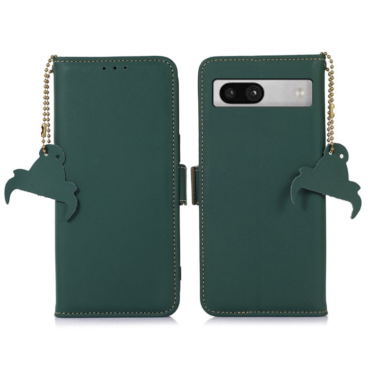 For Google Pixel 7a RFID Blocking Phone Cover Genuine Cow Leather Case with Stand Wallet - Green