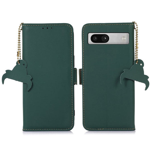 For Google Pixel 7a RFID Blocking Phone Cover Genuine Cow Leather Case with Stand Wallet - Green