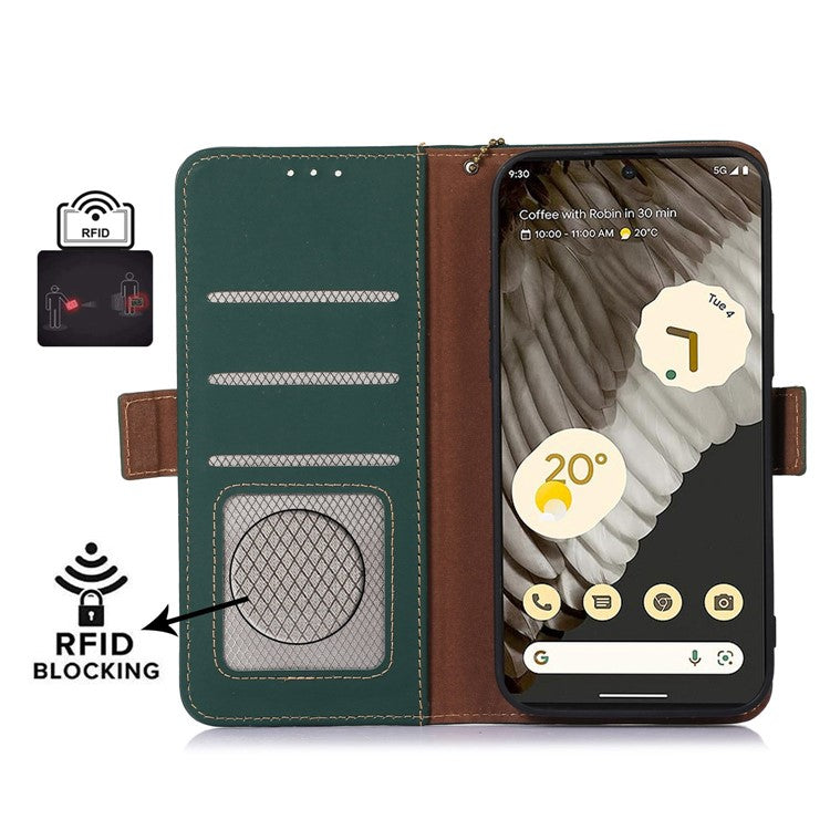For Google Pixel 7a RFID Blocking Phone Cover Genuine Cow Leather Case with Stand Wallet - Green