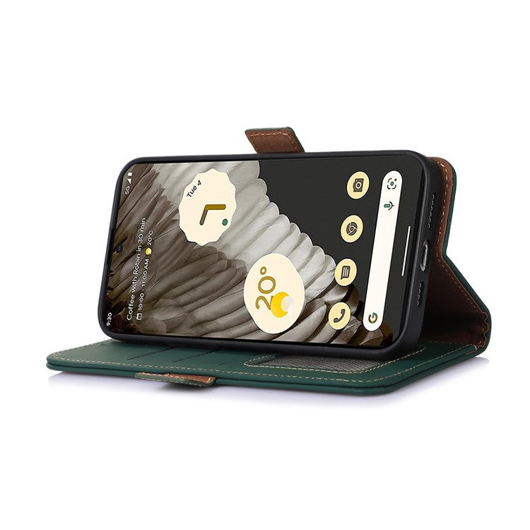 For Google Pixel 7a RFID Blocking Phone Cover Genuine Cow Leather Case with Stand Wallet - Green