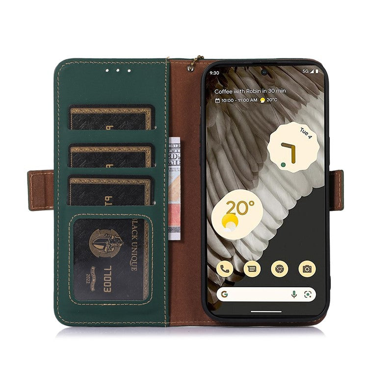 For Google Pixel 7a RFID Blocking Phone Cover Genuine Cow Leather Case with Stand Wallet - Green