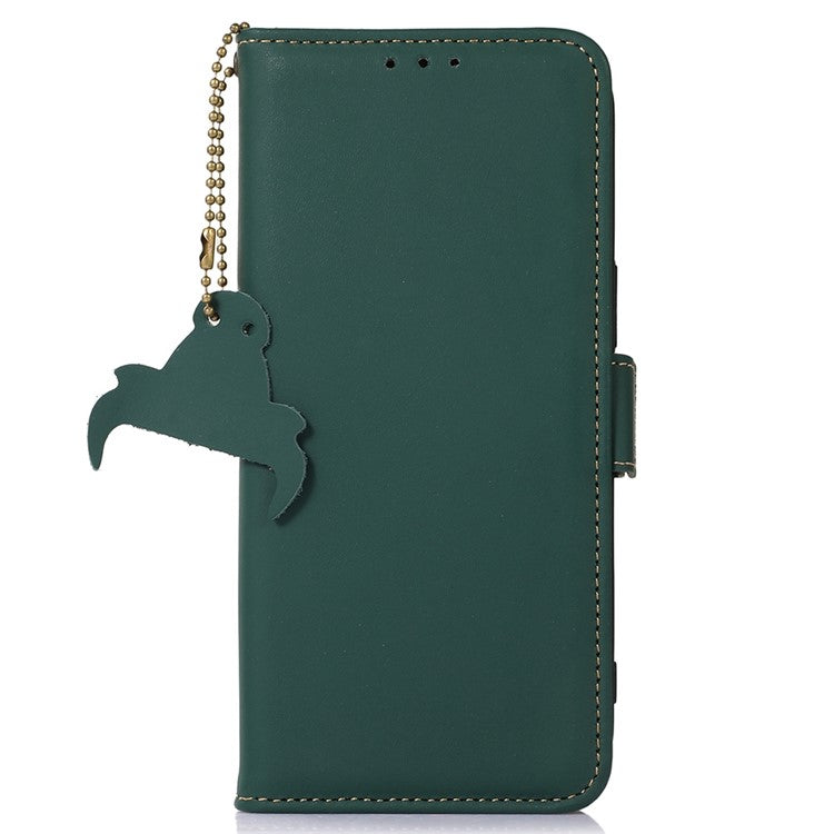 For Google Pixel 7a RFID Blocking Phone Cover Genuine Cow Leather Case with Stand Wallet - Green