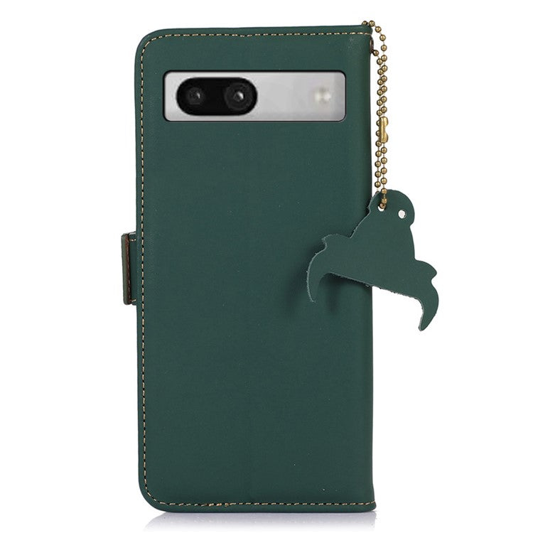 For Google Pixel 7a RFID Blocking Phone Cover Genuine Cow Leather Case with Stand Wallet - Green