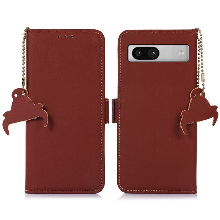 For Google Pixel 7a RFID Blocking Phone Cover Genuine Cow Leather Case with Stand Wallet - Coffee