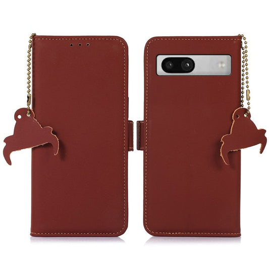 For Google Pixel 7a RFID Blocking Phone Cover Genuine Cow Leather Case with Stand Wallet - Coffee