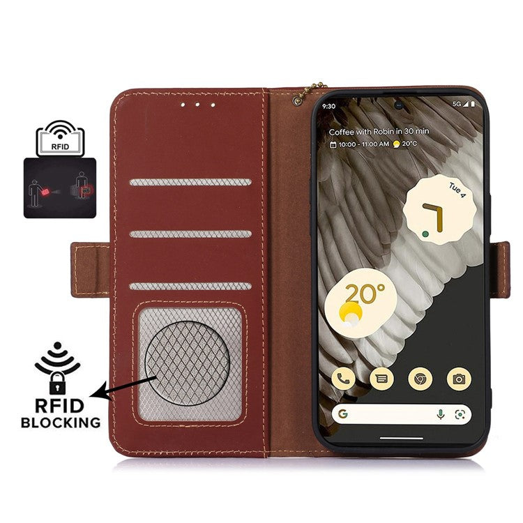 For Google Pixel 7a RFID Blocking Phone Cover Genuine Cow Leather Case with Stand Wallet - Coffee
