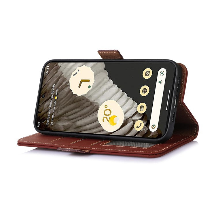 For Google Pixel 7a RFID Blocking Phone Cover Genuine Cow Leather Case with Stand Wallet - Coffee