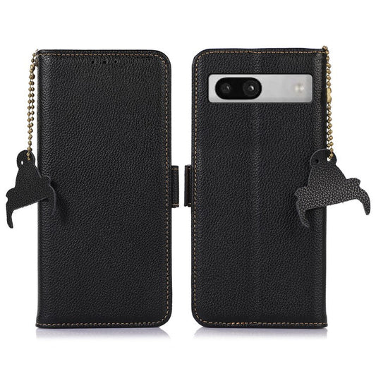 For Google Pixel 7a Wallet Stand Phone Cover RFID Blocking Genuine Cow Leather Phone Case - Black