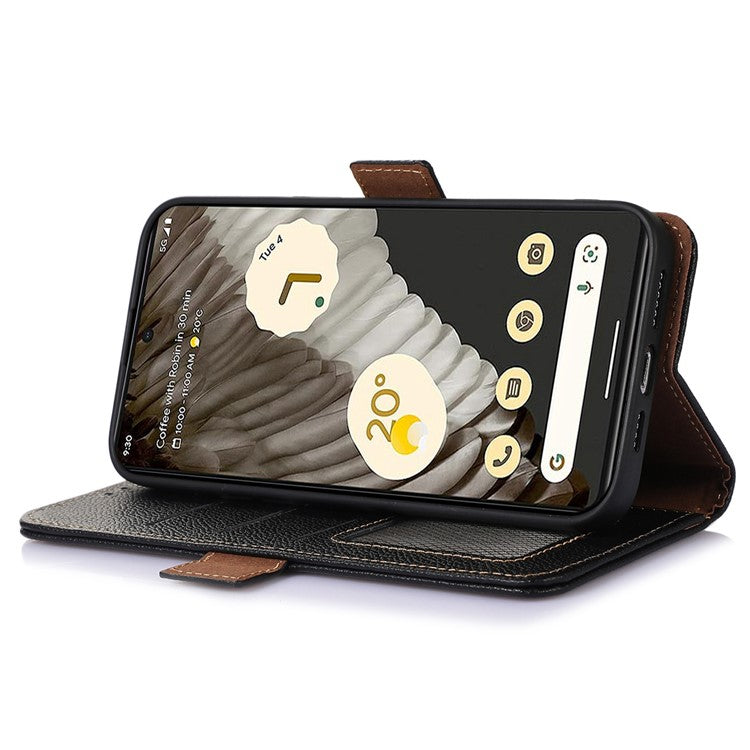 For Google Pixel 7a Wallet Stand Phone Cover RFID Blocking Genuine Cow Leather Phone Case - Black
