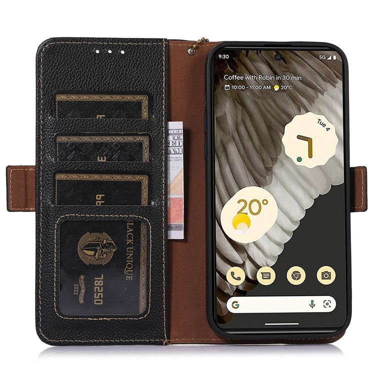 For Google Pixel 7a Wallet Stand Phone Cover RFID Blocking Genuine Cow Leather Phone Case - Black