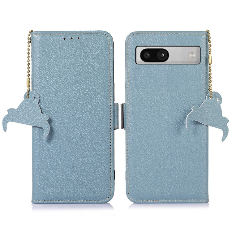 For Google Pixel 7a Wallet Stand Phone Cover RFID Blocking Genuine Cow Leather Phone Case - Blue