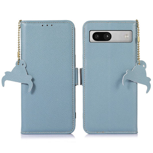For Google Pixel 7a Wallet Stand Phone Cover RFID Blocking Genuine Cow Leather Phone Case - Blue