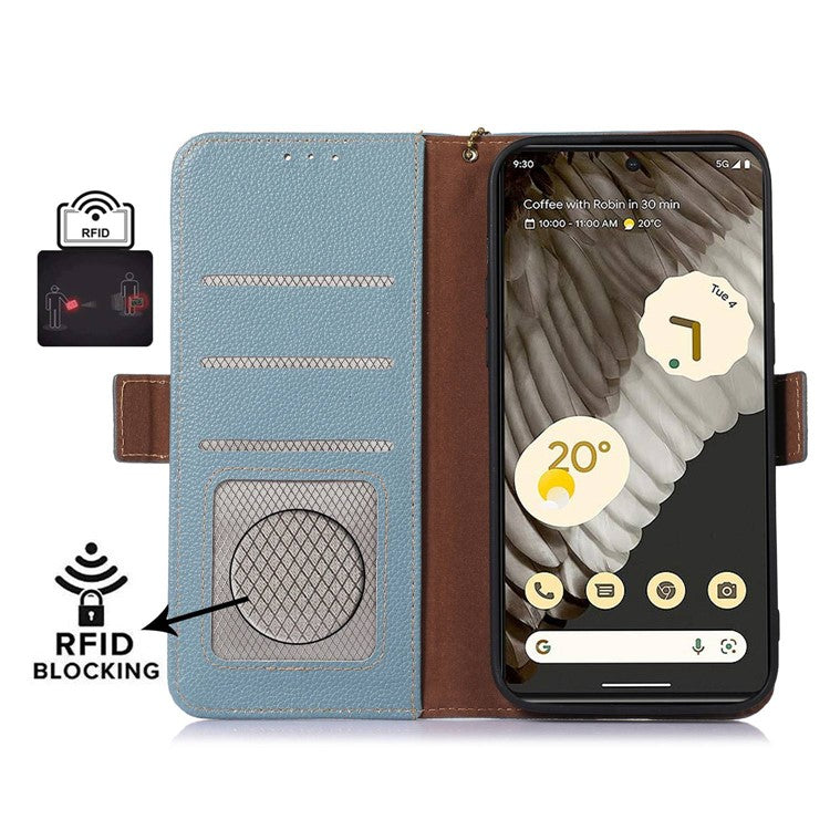 For Google Pixel 7a Wallet Stand Phone Cover RFID Blocking Genuine Cow Leather Phone Case - Blue
