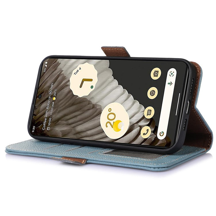 For Google Pixel 7a Wallet Stand Phone Cover RFID Blocking Genuine Cow Leather Phone Case - Blue