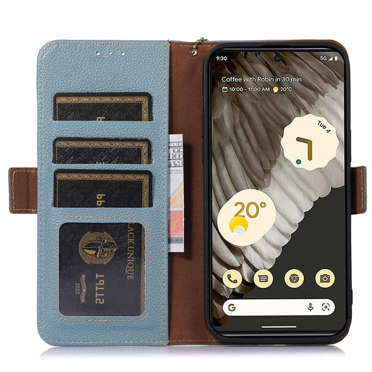 For Google Pixel 7a Wallet Stand Phone Cover RFID Blocking Genuine Cow Leather Phone Case - Blue
