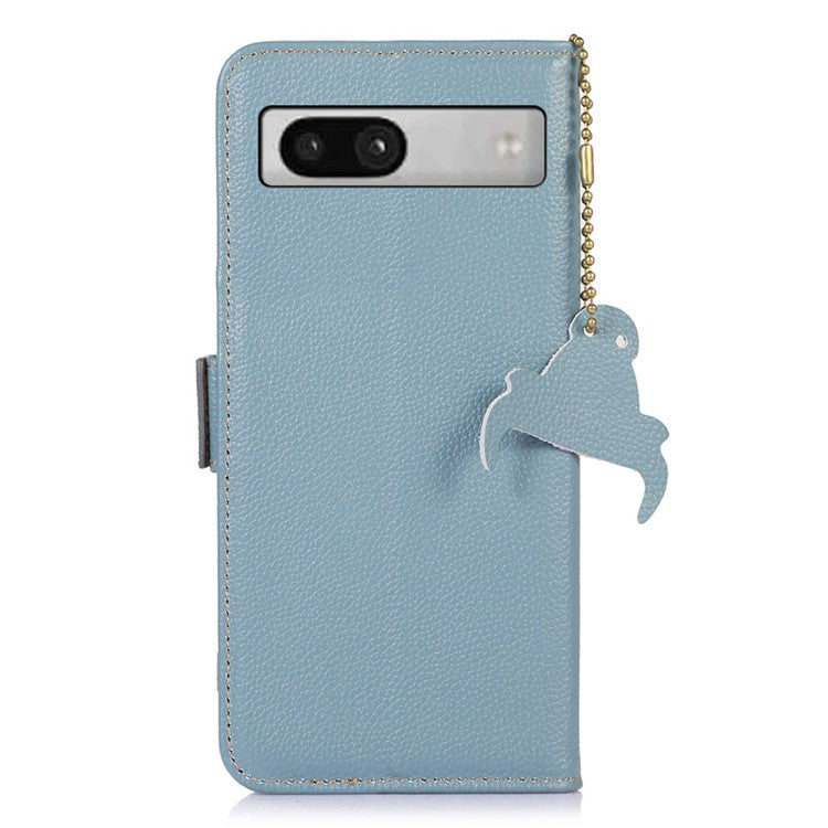 For Google Pixel 7a Wallet Stand Phone Cover RFID Blocking Genuine Cow Leather Phone Case - Blue