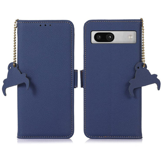 For Google Pixel 7a Wallet Stand Phone Cover RFID Blocking Genuine Cow Leather Phone Case - Sapphire