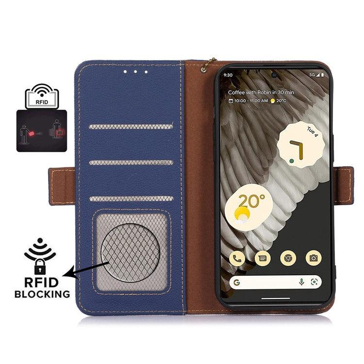 For Google Pixel 7a Wallet Stand Phone Cover RFID Blocking Genuine Cow Leather Phone Case - Sapphire