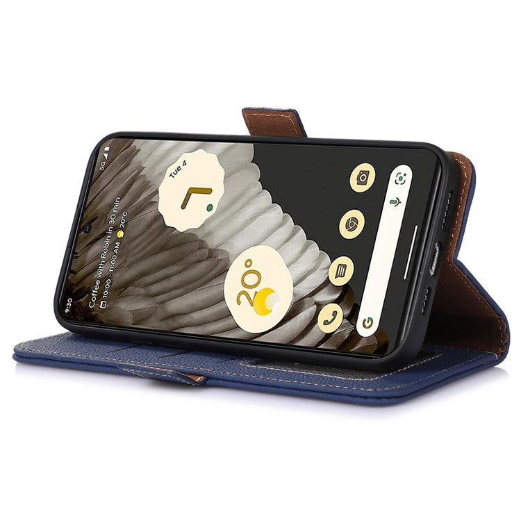For Google Pixel 7a Wallet Stand Phone Cover RFID Blocking Genuine Cow Leather Phone Case - Sapphire